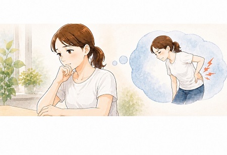 ぎっくり腰の原因が些細な動作だと思い込み、なぜあれでと自分を責めて自宅で切なく後悔する女性のイメージイラスト