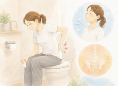 トイレでお尻を拭くときに腰痛の激痛に耐える女性のイラスト。呼吸を止めずにゆっくり息を吐いて痛みを落ち着かせる様子と、骨盤・背骨への衝撃を減らすイメージの解説図