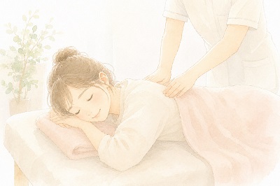 淡い水彩画風のタッチで、整体院のベッドにうつ伏せになり、リラックスした穏やかな表情で優しく施術を受けている女性のイメージイラスト