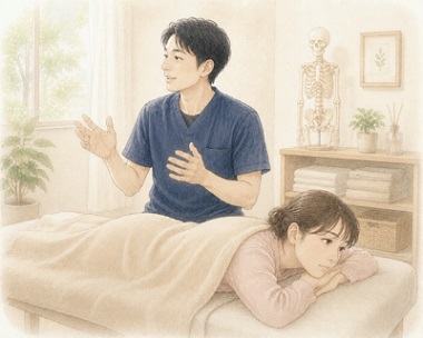 話に夢中になり施術の手がとまってしまっている整体師の水彩風イメージイラスト