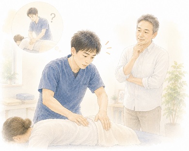 講師に言われたとおり素直にやることで施術のときの先入観に気づいた様子の整体師の水彩風イラスト