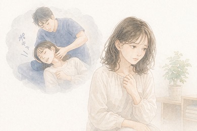 過去に他店でバキバキする施術されて軽いトラウマになっている女性の水彩風イラスト
