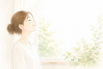 整体院のご予約を安心して完了し、施術後の心地よい時間を心待ちにする女性のイメージイラスト