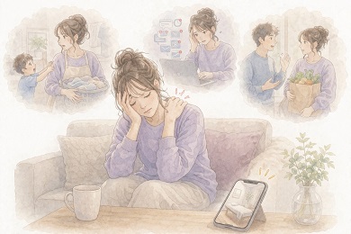 育児か家事や夫婦関係など求められる役割に疲弊してる様子の水彩風女性イラスト