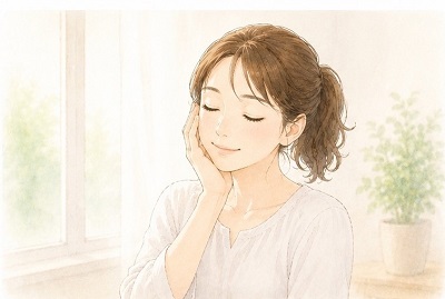 明るい陽光が差し込む部屋の中で髪を後ろで結んだ女性がふんわりと目を閉じ、自分の頬に優しく手を添えながら、深くリラックスして心から安心している温かい水彩画風のイラスト