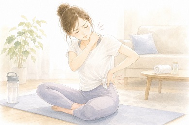 家で頑張ってストレッチしすぎたことで反対に首や腰に痛みが出てしまっている水彩風の女性イラスト