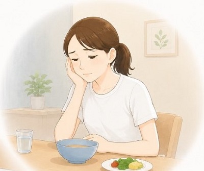食事を前にして、浮かない表情で頬杖をつく女性