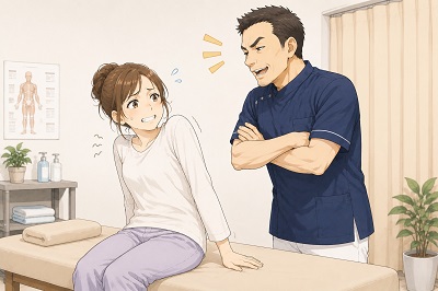 整体院のベッドに座る女性客に対して、腕組みをした男性整体師が強めの口調でお説教のような説明をしており、女性が悲しそうに困惑して引いているイラスト