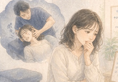 整体師に首をボキボキされる施術をされて体調が悪化した女性の水彩風イメージイラスト