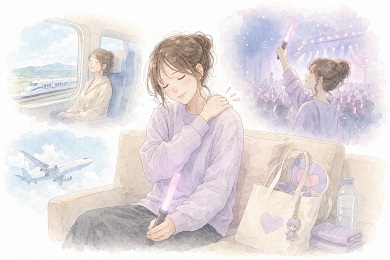 推し活の重い出を振り返りながら移動や応援で疲れたけれどそこそこ元気だなと感じている女性の水彩風イラスト