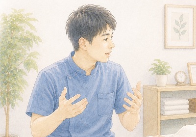 セミナーで熱心に話を聞き、コミュニケーションの本質について深い気づきを得ている整体師のイラスト
