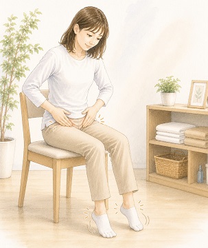 座った姿勢から鼠径部に左右の手をあてて大腰筋を押しながら膝を上下に揺らして立ち上がる準備を整えている女性のイラスト