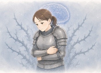  ぎっくり腰の炎症が収まった後も脳の防衛本能が働きすぎて鎧を着て身構えている女性のイラスト"