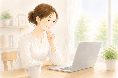 整体院の選び方や体の仕組みについて書かれた必読の解説ページを、自宅のパソコンで熱心に読む女性のイメージイラスト