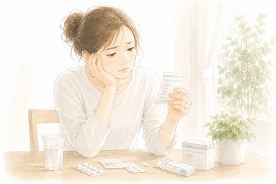 机の上の薬や説明書を見つめながら、自律神経の乱れや体調不良に一人で悩む女性のイラスト