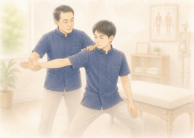 技術セミナーにてベテラン講師から繊細な体の使い方や施術の指導を熱心に受けている研修風景のイメージイラスト