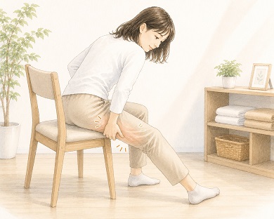 座った状態から立ち上がる前に太ももの裏をパンパン叩いて立ち上がる準備をしている女性のイラスト