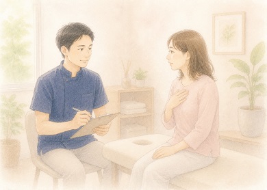 不安な女性の気持ちをやさしく受け止めて聞いている整体師の水彩風イラスト