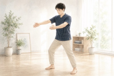 「強く押さなくても体が変わる施術」のために、明るい室内で無駄な力を抜いて身体操作のトレーニングに励む整体師の優しい水彩画風イラスト