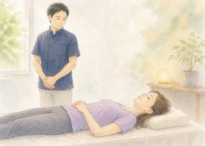 上下関係のない横のつながりを大切に、あおむけでリラックスして眠る女性を優しく見守る整体師のイラスト