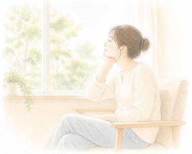 窓辺の椅子に座り、柔らかな光の中でホッと一息つきながら外を眺める女性の水彩風イラスト