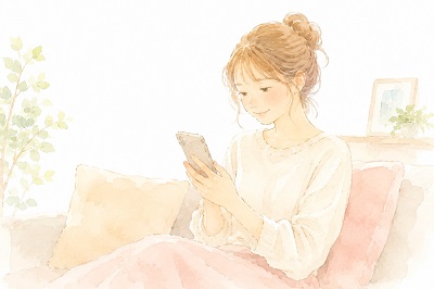 「ここなら安心、相談してみたい」と優しい笑顔になり自宅のソファでスマホを見つめる女性の水彩画風のイメージイラスト