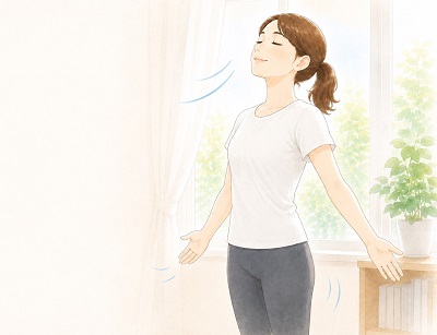 整体の施術で自律神経や体幹が整い、不調に振り回されないしなやかな強さを持って深呼吸する女性のイラスト