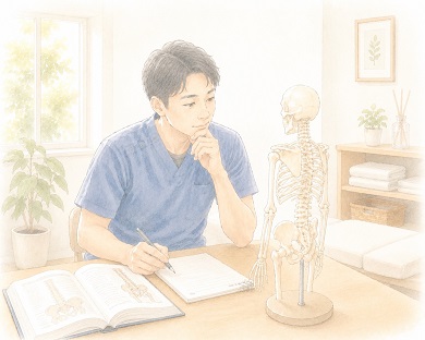 固定観念にとらわれず新しいものを発見するために骨格模型を眺めている整体師のイラスト