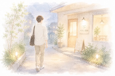 温かい光が灯る自分の整体院に向かって期待と決意を胸に一歩ずつ歩みを進める整体師の後ろ姿の水彩画風イラスト 