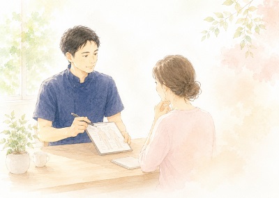 整体院で紺色のユニフォームを着た男性の施術者が、資料を指さしながら女性のお客さまの話を優しく丁寧に聞いているイラスト