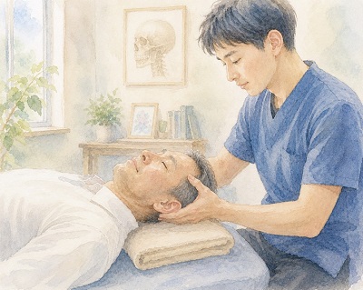 クラニオの実技をベッドに横たわる講師の頭にしている整体師の水彩画風のイメージイラスト