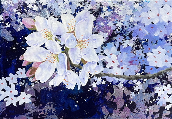 桜鞠　油彩、アルミ箔、カンヴァス　15.8×22.5cm　個人蔵
