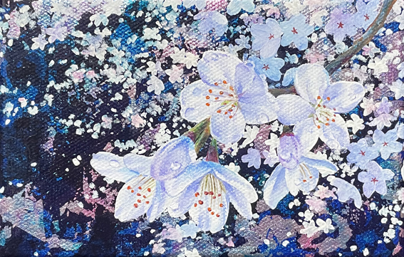 桜の便り　油彩、アルミ箔、カンヴァス　10×15cm
