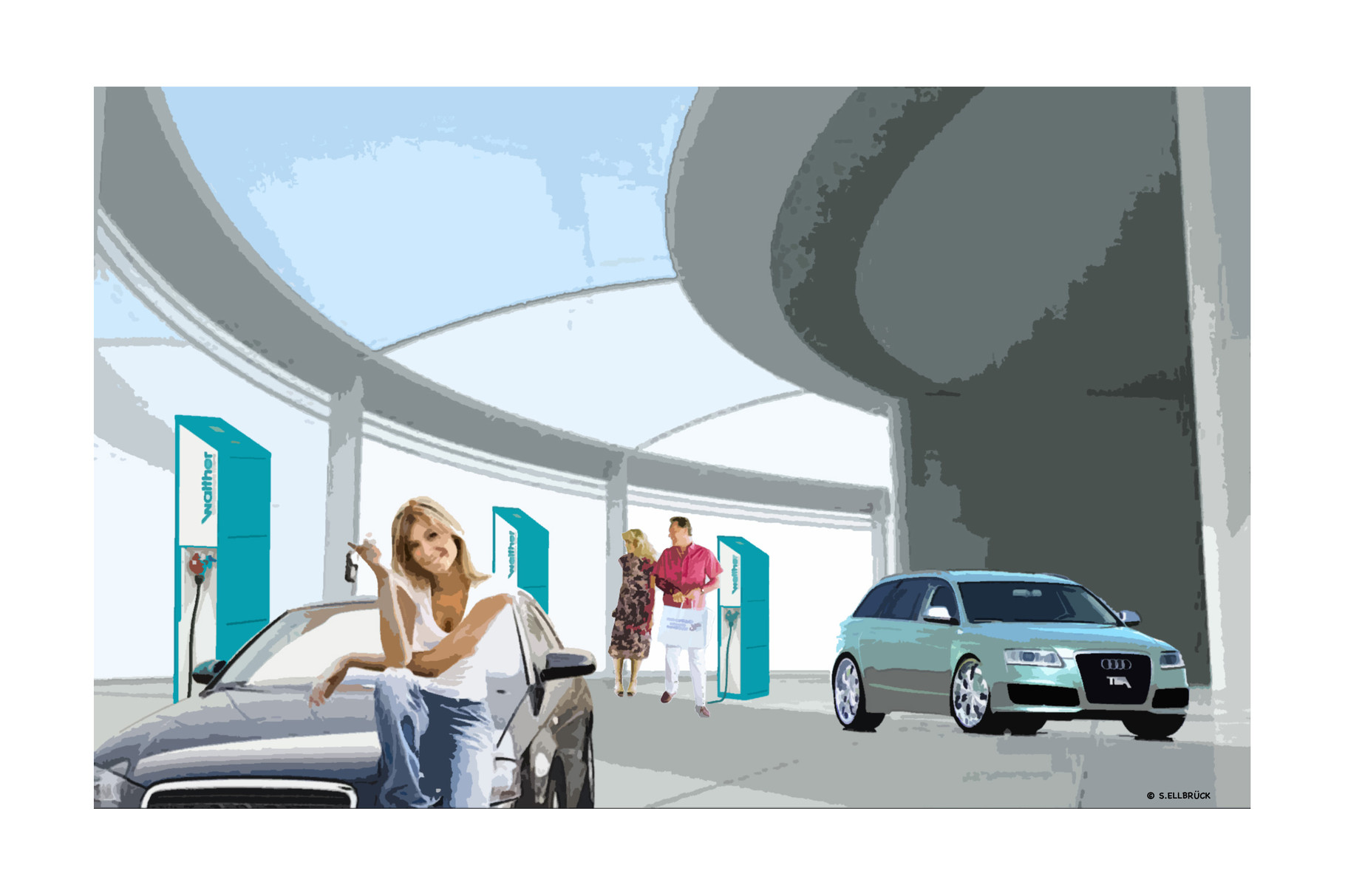 Illustration mit Frau und Fahrzeug  «Strom tanken während des Einkaufs»