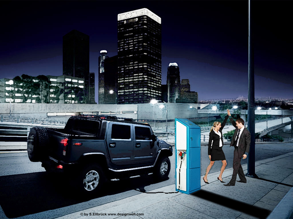 Illustration mit Paar «Fahrzeug und Stromtankstelle in der City»