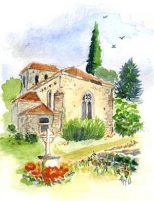 Eglise de Floressas et tombe du poète Paul Froment aquarelle©A-M Uyttenbroeck