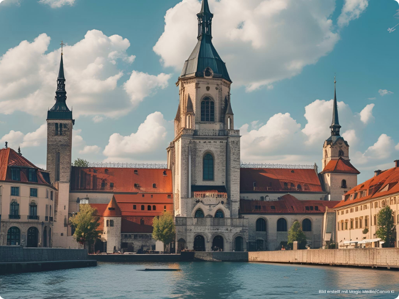 Visualisierung kommunale Tourismusfinanzierung mit Wegweiser: Gäste, Kommune und Wirtschaft als Säulen nachhaltiger Tourismusstrategie – Symbolbild für Gästebeitrag, Tourismusabgabe und Finanzierung touristischer Infrastruktur in Städten und Gemeinden