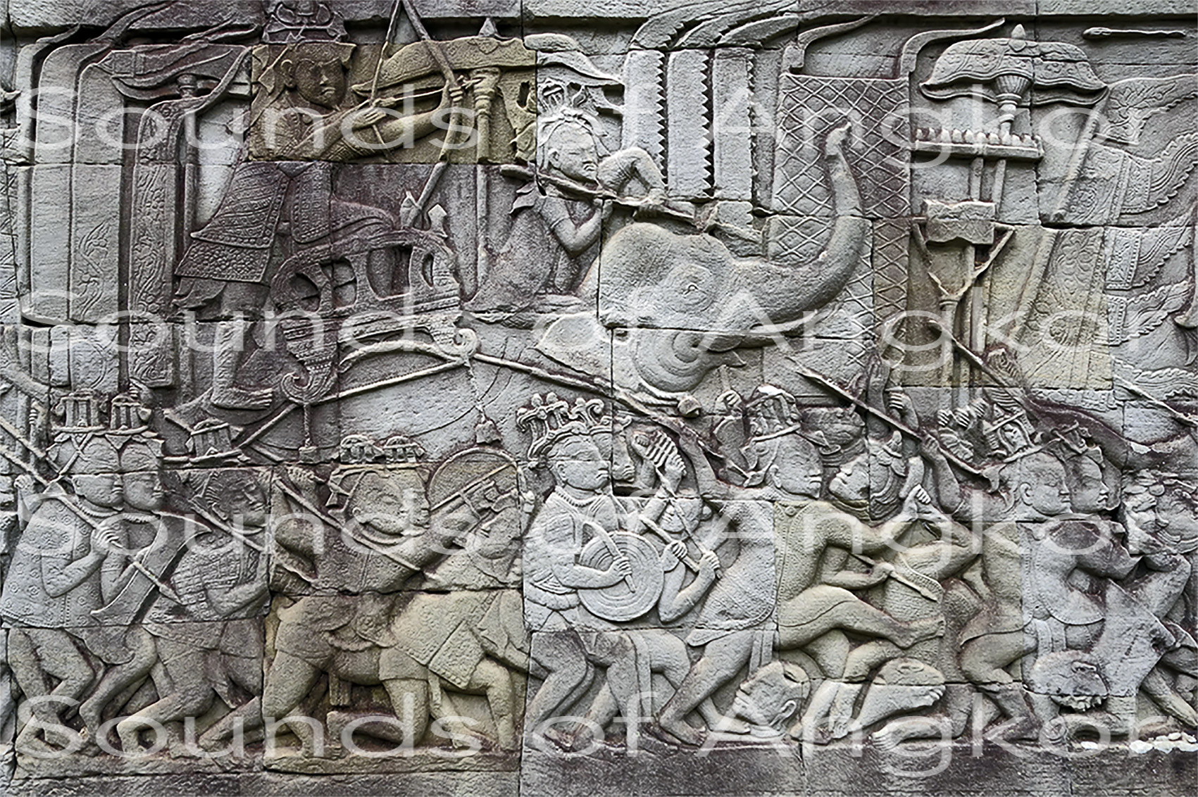 Chinese soldiers and musicians. Bayon, east outer gallery, north wing. July 2021.