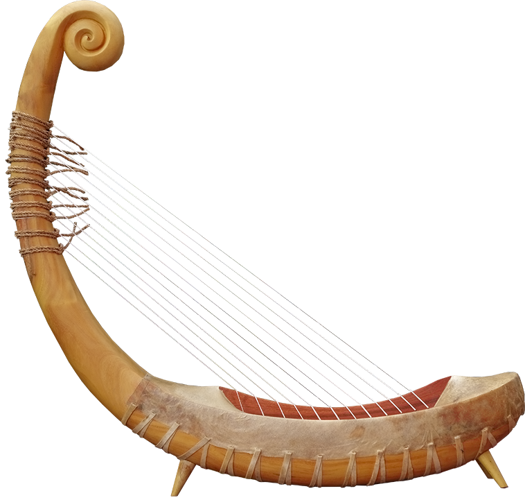 Pre-Angkorian harp with four feet. Project manager: Patrick Kersalé. Makers: Thean Nga, Leng Pohy. Stringing: P. Kersalé. Siem Reap 2018. 
