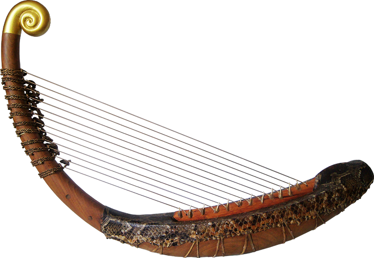 Première harpe préangkorienne reconstituée, sans pieds. Chef de projet : Patrick Kersalé. Facteurs : Keo Sonan Kavei, Kranh Sela. Dorure à la feuille et cordage : P. Kersalé. Phnom Penh, 2012.