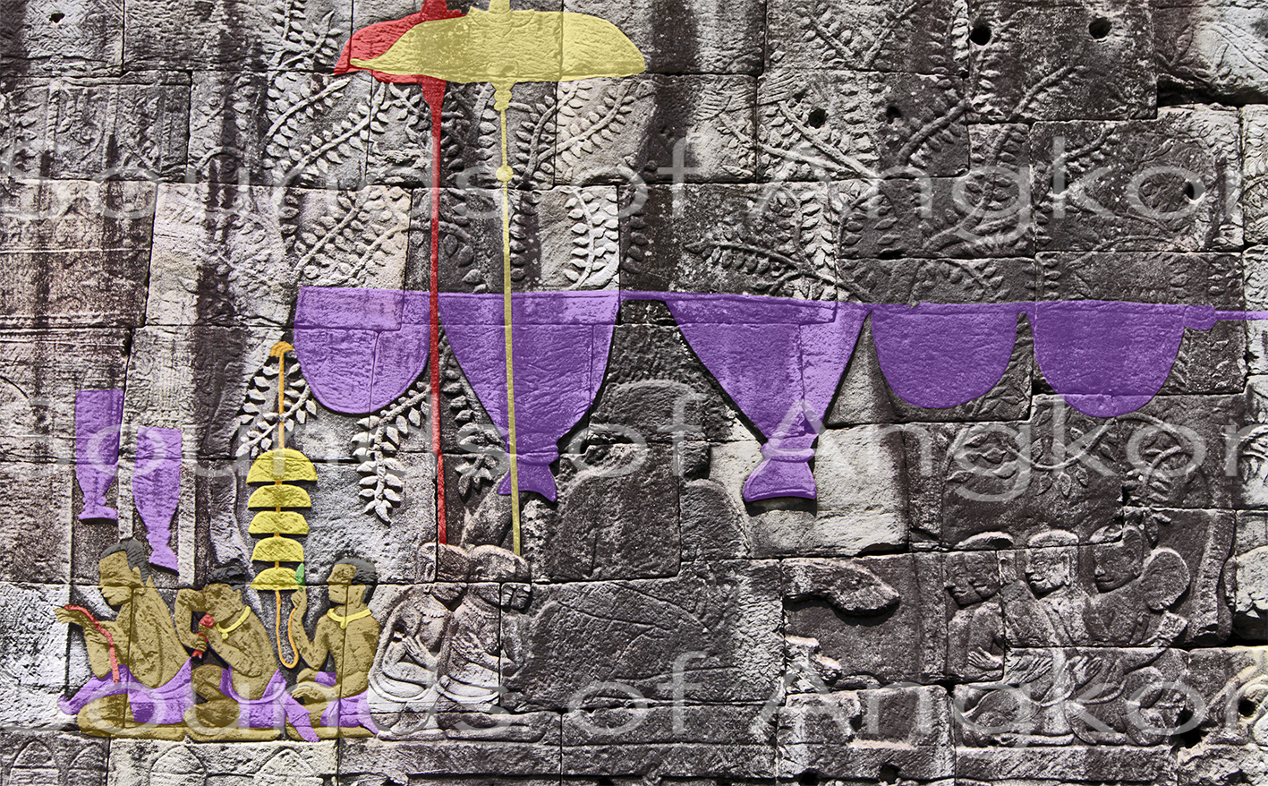 Hanging bell tree. Enlarged scene. Bayon, south outer gallery, east bay. Colorized.