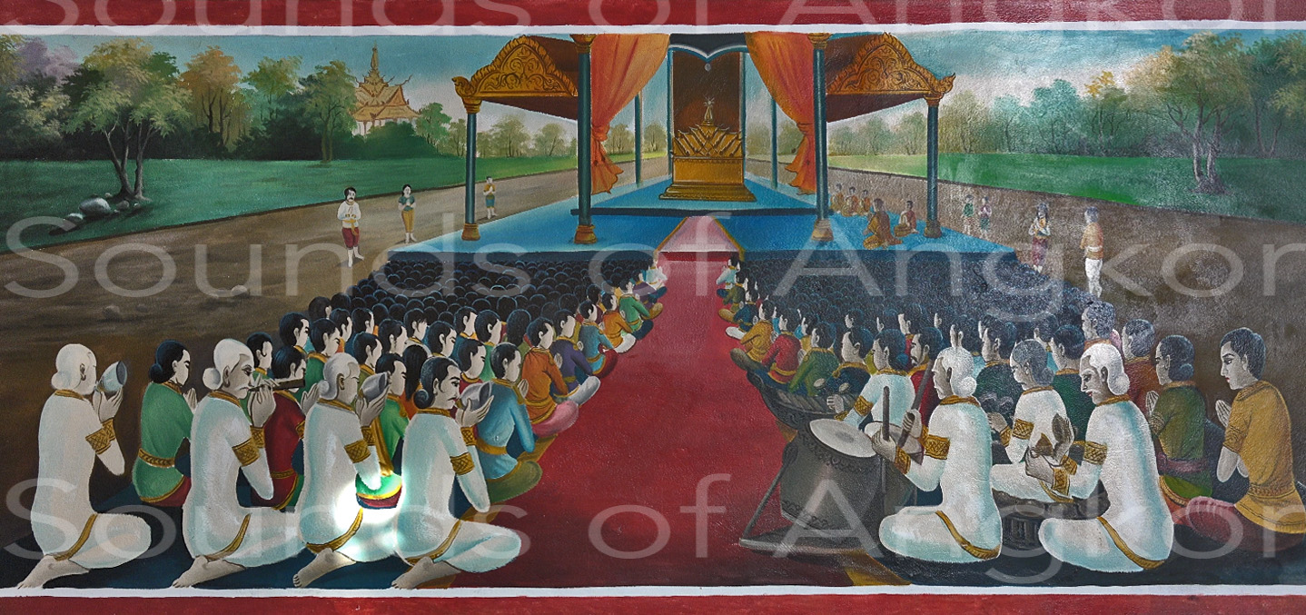 Ensemble pin peat exceptionnellement joué par les prêtres hindous (baku). Ils soufflent également dans des conques, ce qui est leur véritable rôle. Sala du Vat Trach. Prov. Siem Reap. Mai 2021. 