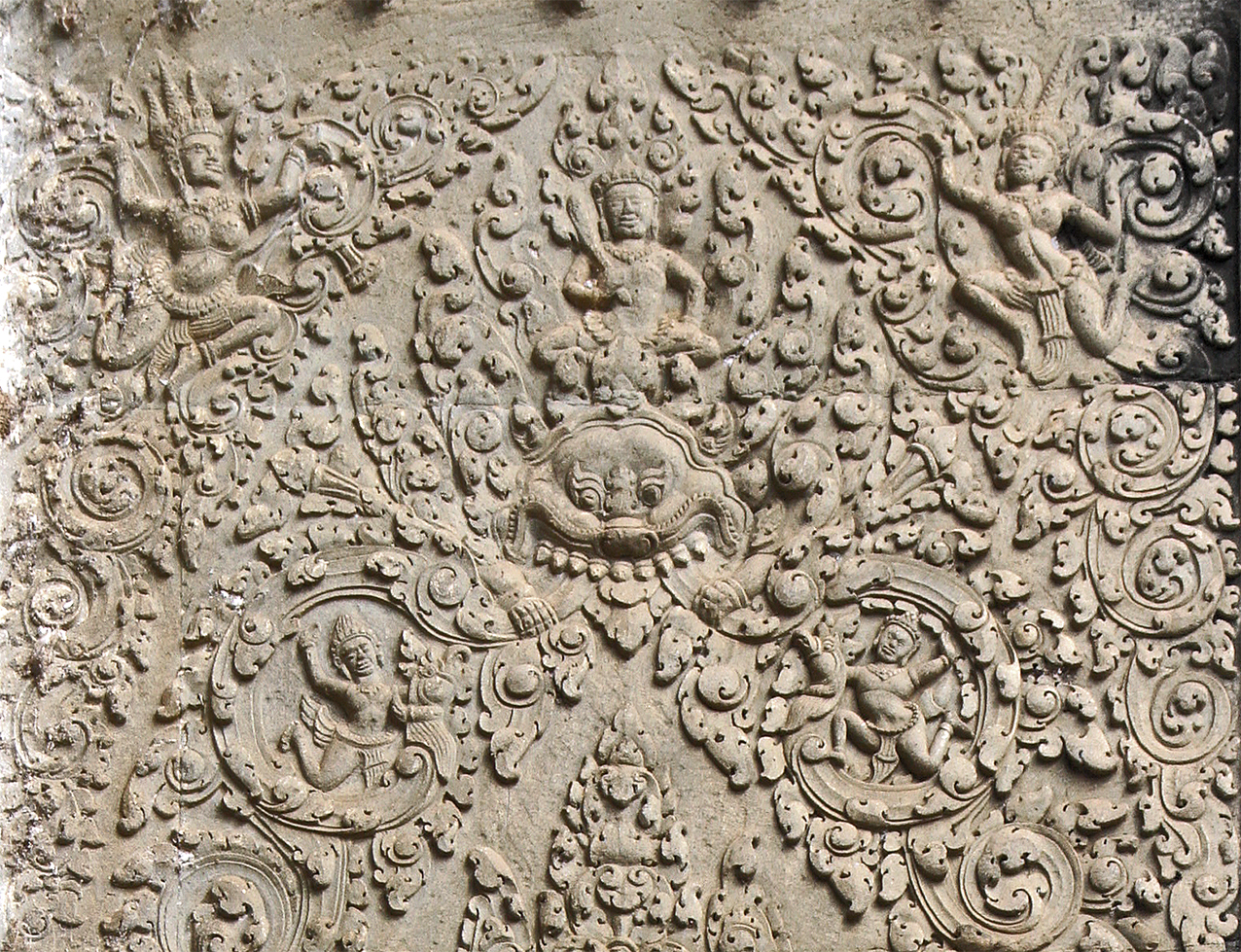 Détail du bas-relief précédent. Gandharvas chevauchant des rapaces. Original.