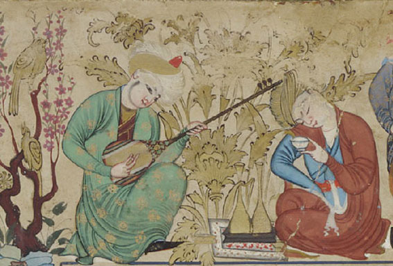 Persian lute. Miniature of Muhammad-Sharif Musawwir from a copy of The Seated Princess, ca. 1600, maybe from Bokhara. The Smithsonian Institute.