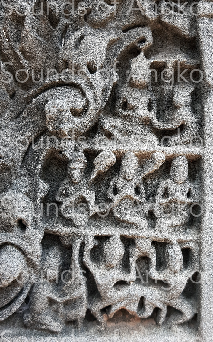 De haut en bas : roi Jayavarman VII, serviteurs et personnage de la cour, harpiste et danseuses. © Patrick Kersalé 2019-2022.