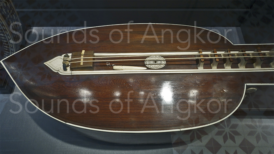 Posterior part of the soundbox. The hole is surrounded by an ornate medallion. The plectrum is placed next to it.