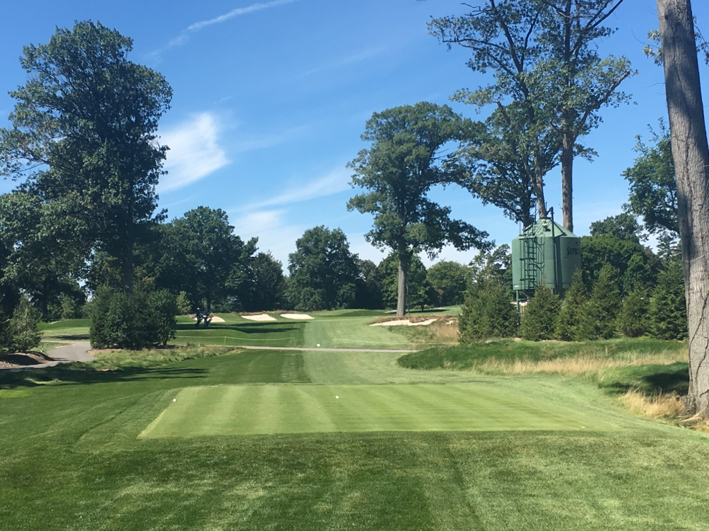 The tee shot on Arcola's 18th, with the bunker in the center serving as an aiming point