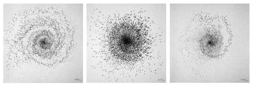 Oussema Troudi, Vortex, triptyque, crayon sur papier, 94x32cm, 2012.