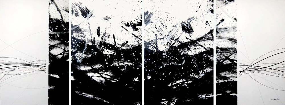Oussema Troudi, Intuition et fugue, Acrylique et encre sur toile, polyptyque, 120x360cm, 2009.