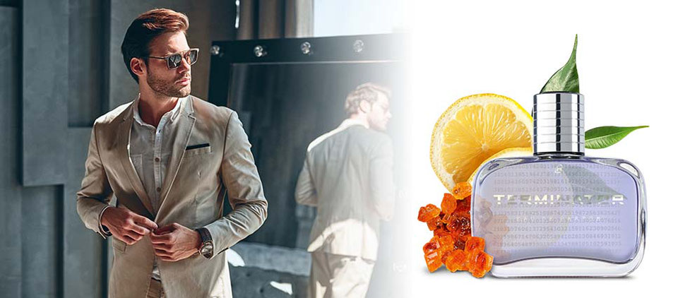 Mann mit Sonnenbrille neben LR Terminator Eau de Parfum Flakon, mit frischer Zitrone und Amber – aromatisch-grüner Herrenduft